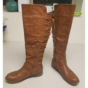 JustFab Tall Women Sz 8 M Brown Back Lace Up Knee High Fashion Riding Boots Zip